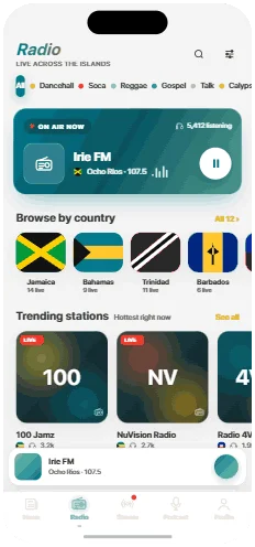 Carib Radio app showing live Caribbean radio stations, country browse, and trending stations