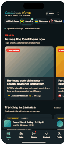 Carib Radio news feed showing Caribbean regional headlines