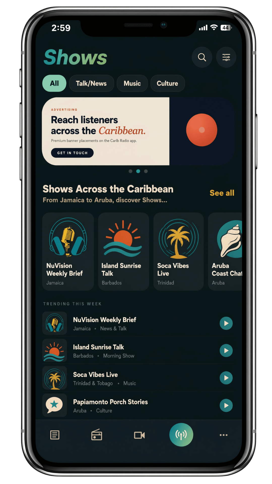 Carib Radio live stream screen, dark theme
