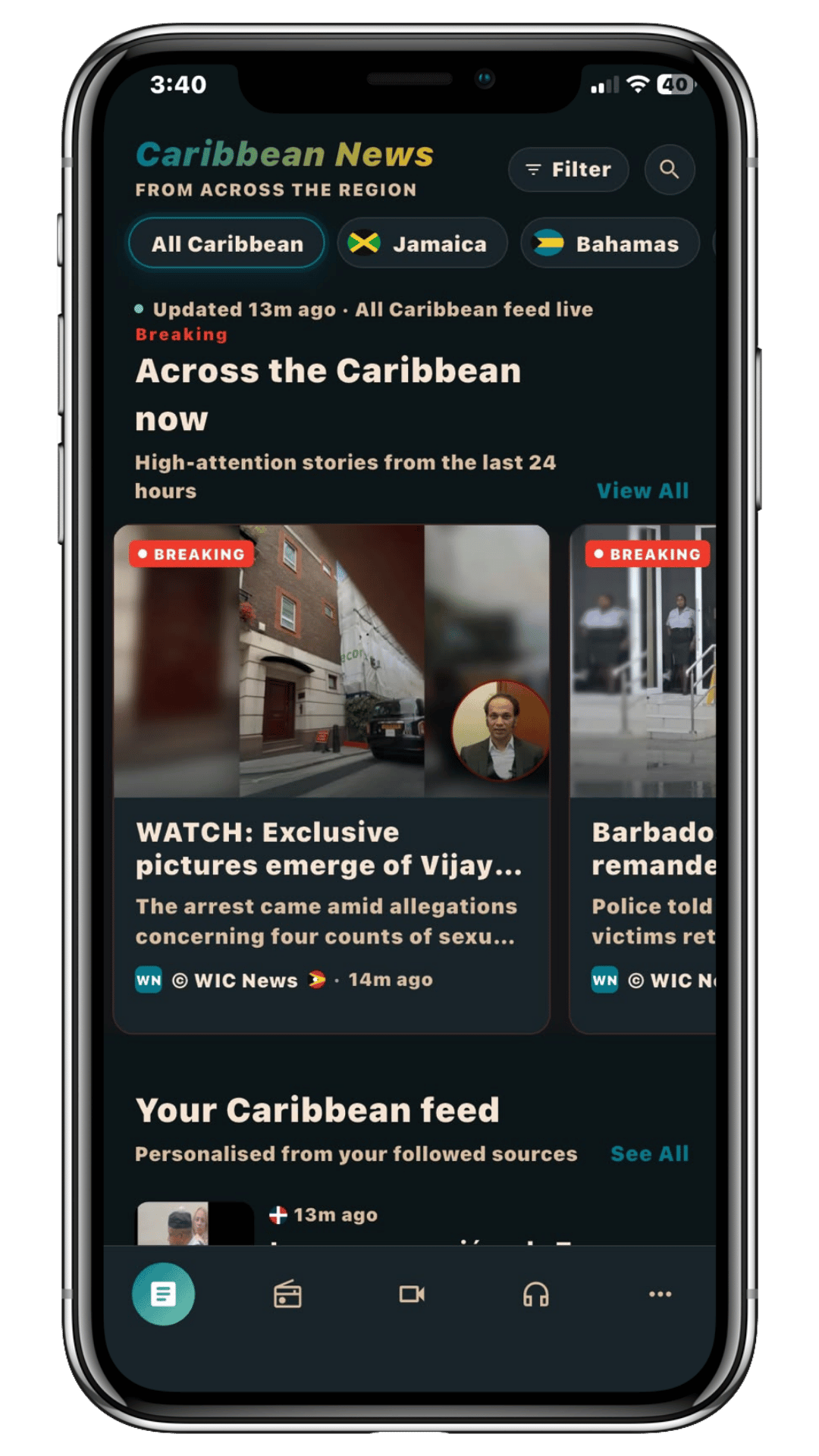 Carib Radio news feed screen, dark theme
