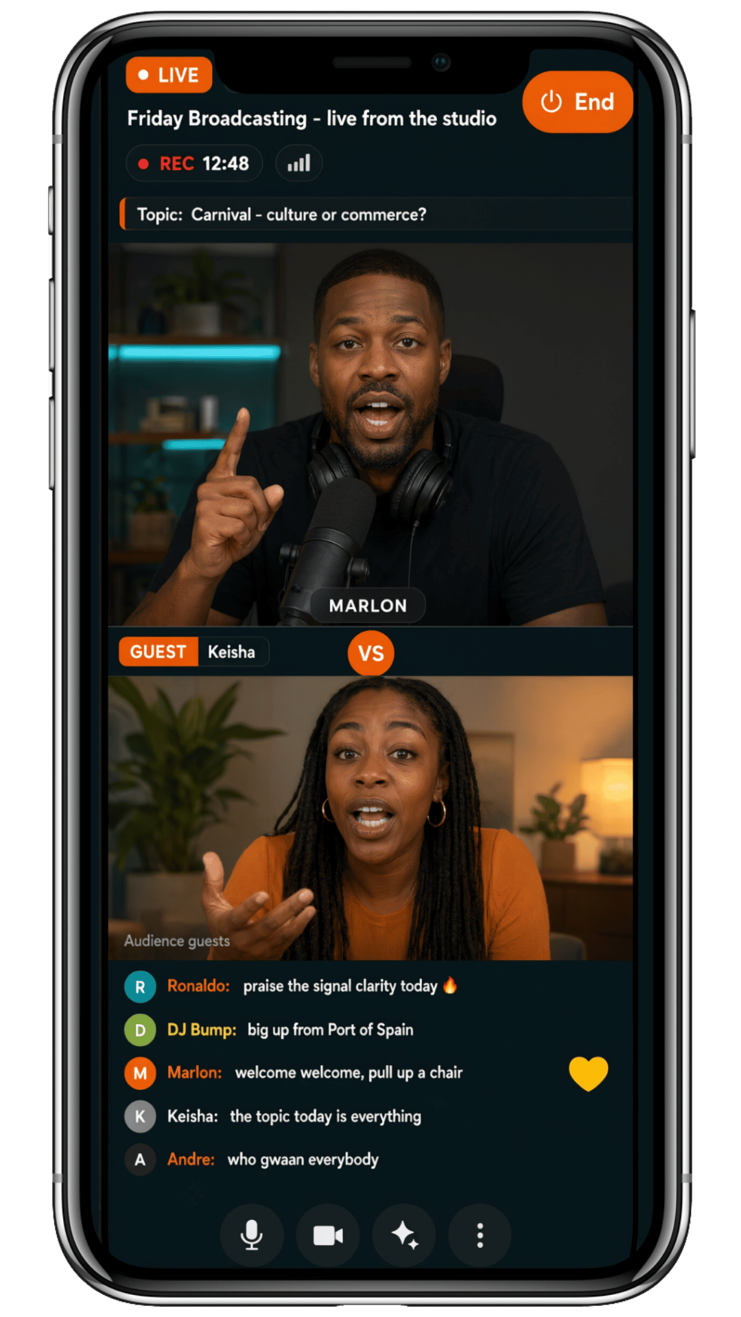 Carib Radio podcast screen, dark theme